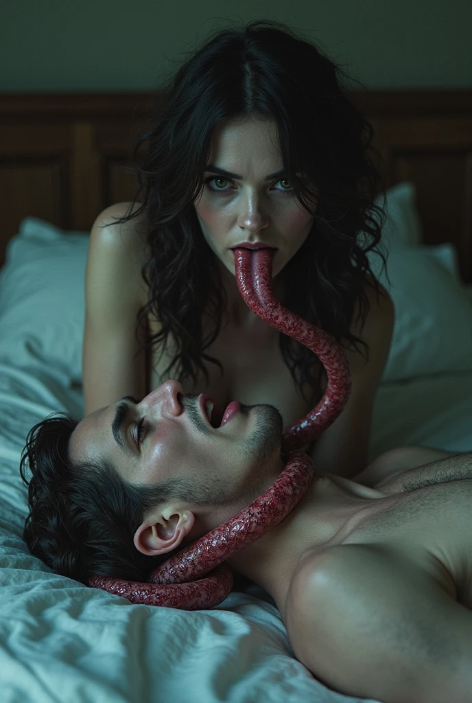 A guy in bed with his wife watching a snake encantador playing a flute tom make the guys penis wakeup