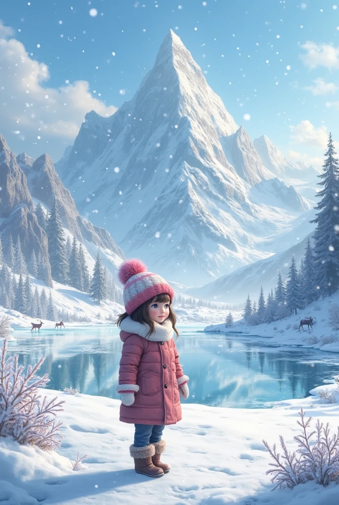 10-year-old girl, and a round-eyed cute cat,In ice skating, snow mountains.