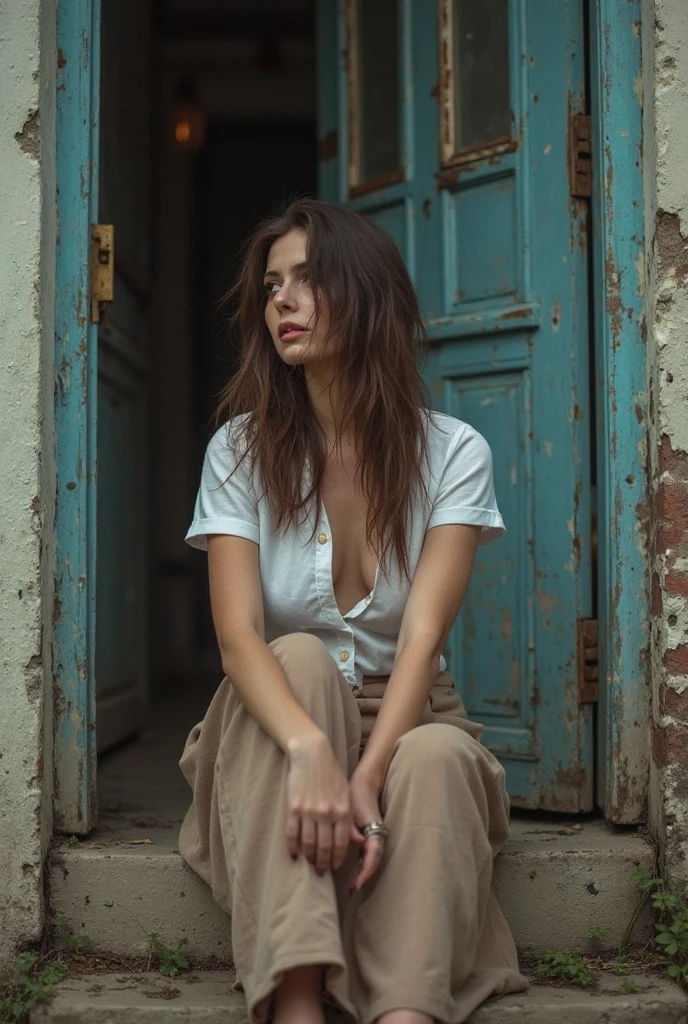 photograph of a woman, long messy brunette hair, looking away from the viewer, sitting on a step in front of a worn old door, wearing a revealing button down t-shirt, long skirt, platform shoes, light makeup, dismal day, cloudy, high dynamic range, vivid, rich details, clear shadows and highlights, realistic, intense, enhanced contrast, highly detailed