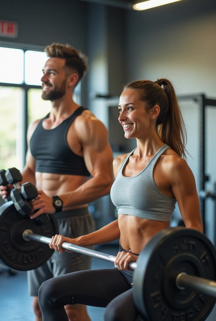 Ein sportlicher Mann und eine sportliche Frau mit Kettlebell. Beide stehen