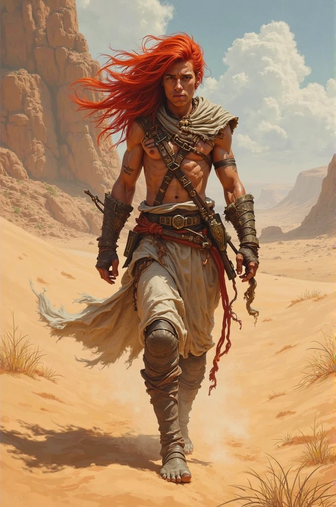 (((by Kenket, by Kilinah))), a running ((Kobold)), (detailed Kobold)) wearing a long cloak, muscular abs, Kobold black horns, Kobold tail, messy white hair, (orange thigh highs), ((black loincloth:fire pattern design on thong)), shirtless, front view, looking at the observer with an embarrassed smile, blush, perspective, finely detailed paws, punk style, adventure backpack,