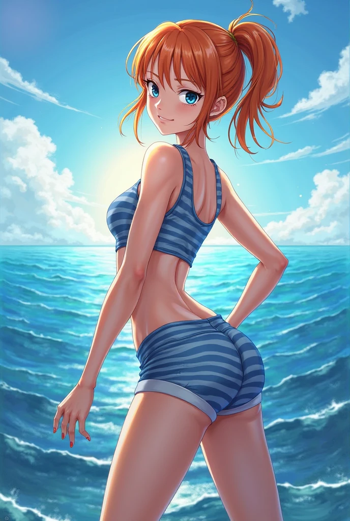masterpiece, best quality, highres, perfect pixel, depth of field, 1girl, single, solo, beautiful anime girl, beautiful artstyle, (detailed face), (blush), anime CG style, (medium breasts), good lighting, perfect body, lips parted, (sakura kinomoto), glossy lips, swimsuit, (tears:1.2), (quicksand:1.3), (ass view)