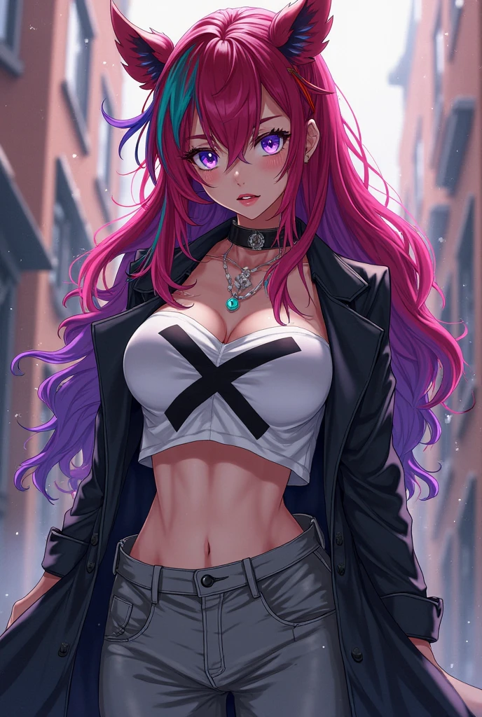masterpiece, best quality, highres, 1girl, split-color hair, hair over one eye, red hair, multicolored hair, long hair, purple eyes, two-tone hair, hair rings, white dress, headphones, white hair, black ribbon, bangs, very long hair, medium breasts, long sleeeves, open jacket, oversized clothes, standing, street, cowboy shot,, wearing bra,((skinny waist)), young asian girl, ((big breasted)),