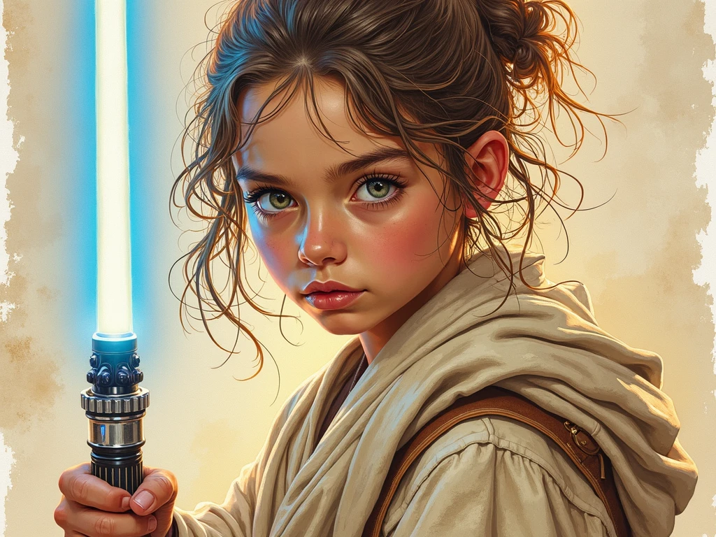 An extremely young Star Wars’s Jedi Grandmaster with a light sabre in the style of Mark Demsteader