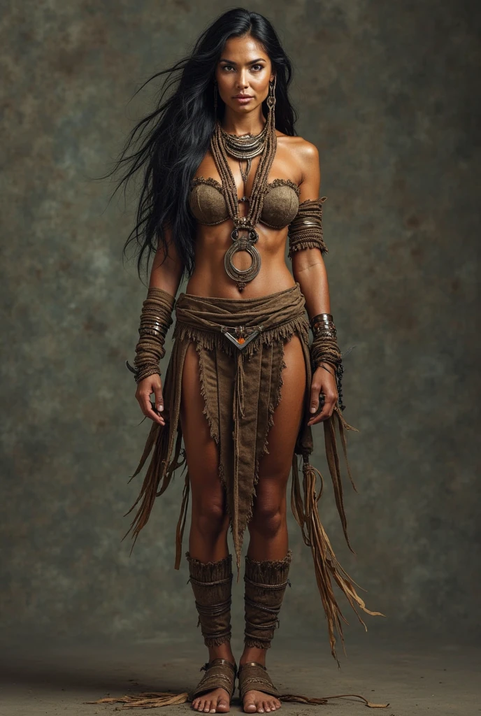 beautiful indigenous warrior woman from South America, long hair with small dreadlocks with feathers in the hair, wearing very few clothes and tribal tattoos on the face, with technology adornments on the cyborg body and arm, made entirely of metal, full body image