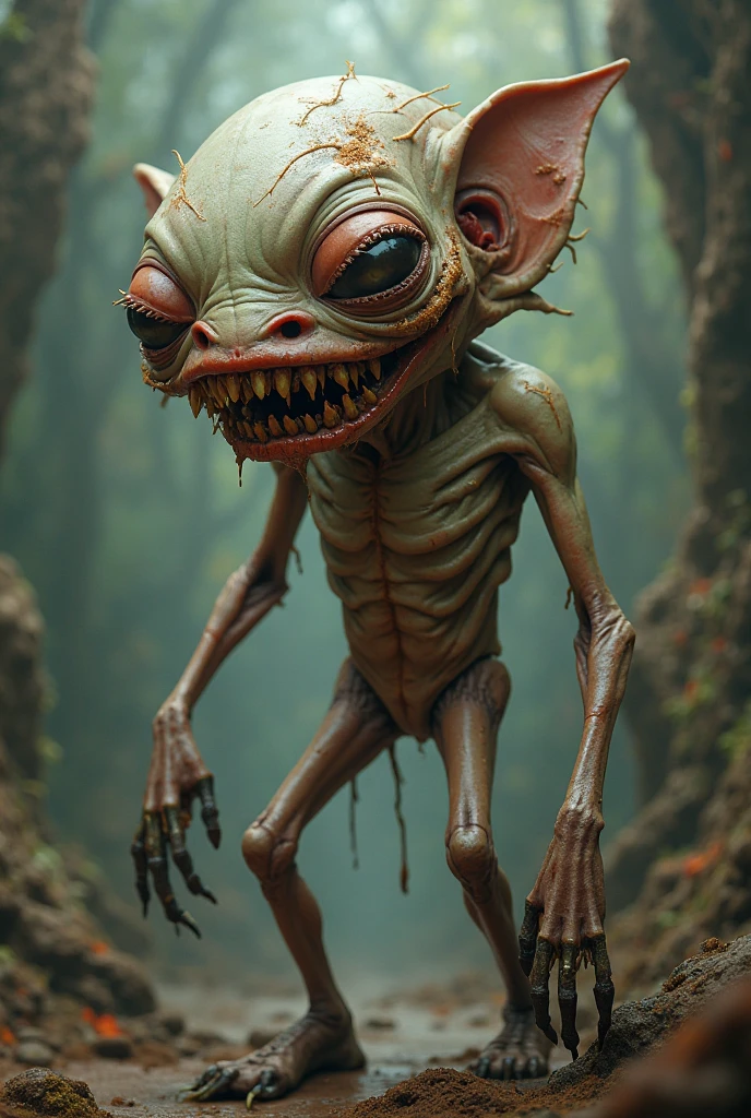 A monstrous tooth fairy, tiny, that explodes, round body, gris, with thin legs, twig-thin arms, strange face
