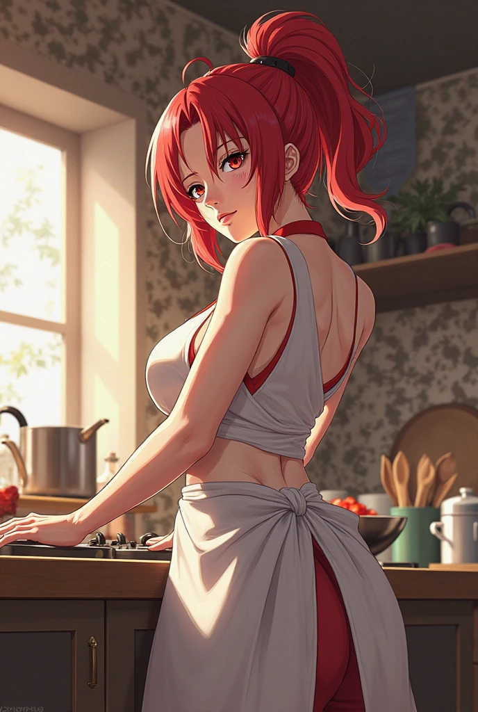 (masterpiece, best quality:1.5), (ultra detailed, high resolution, 8k, beautiful detailed, UHD, best anatomy), 1 cute girl, red hair, large breasts, naked lace frill apron, naked, apron, back view, kitchen, glad-looking