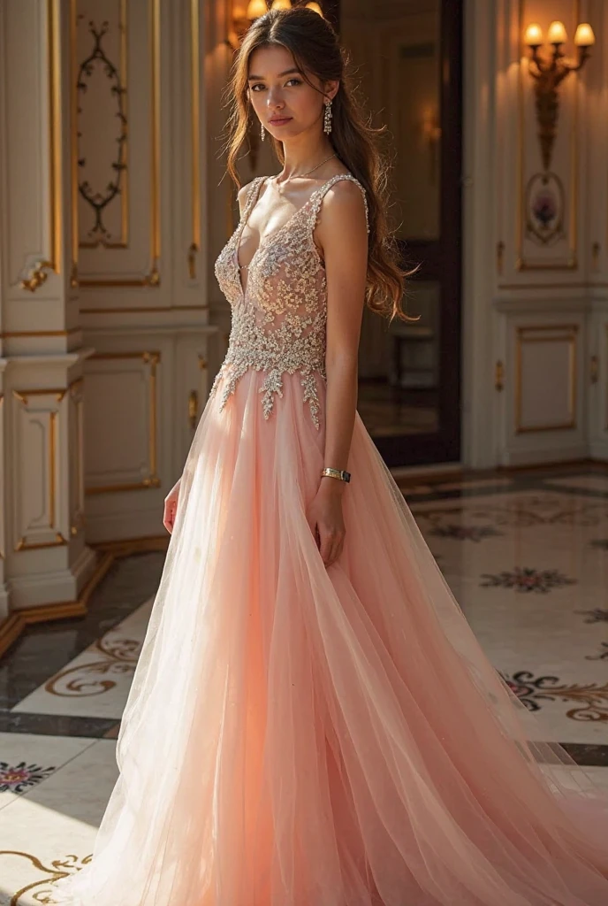 Beautiful sexy woman in baby pink dress becomes guest