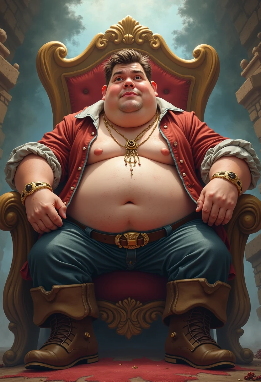 god on his ruling throne, low swim trunks with bulge in the middle, chubby, hairy, anchor beard, high resolution, ultra-detailed, sharp focus, intricate details, detailed eyes, symmetrical eyes, expressive eyes, clear pupils, vibrant eyes, focused gaze, legs wide open ,left hand is holding the belly, king's expression is intimidating with a sense of authority