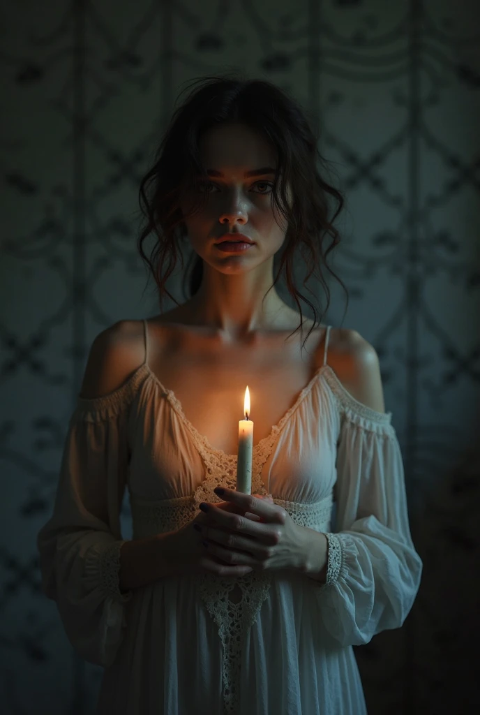 A candle-bearing ultra hot gorgeous European woman. Age 23. epic cleavage (100e size), full red lips. Off shoulder dress. detailed portrait, beautiful eyes, full lips, long eyelashes, random hair color. intricate hairstyle, elegant dress, dramatic lighting, soft warm colors, renaissance style, photorealistic, 8k, high quality, masterpiece