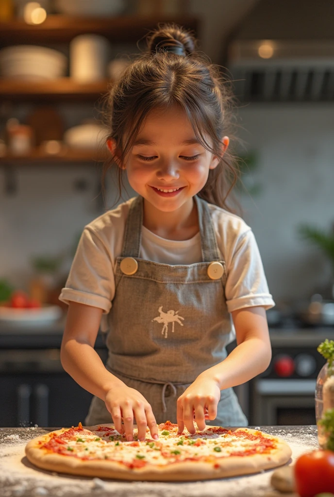 En el encantador mundo de Disney Pixar, Imagine a 6-year-old female character with Chinese brown hair and a blue apron who says bambinos cooking.
