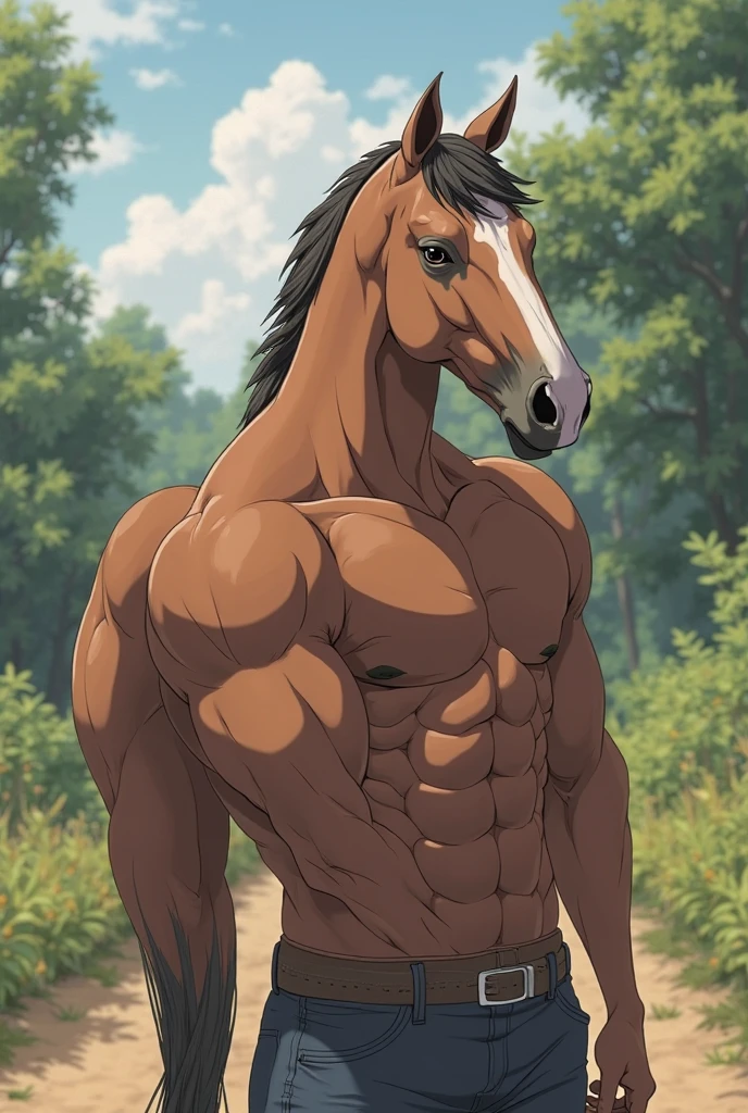 nj5furry, (golden horse, huge), golden horse, ((extremely realistic shadows, masterpiece, extremely detailed, photorealistic)), kemono, golden skin, jet black hair, blue eyes, wearing a tiny thong revealing huge muscular thighs, bulge in the crotch, Meadow. Height 185 cm, the optimal height, tight clothing, body full of muscles; ripped abs, V-shaped body, thick waist, long legs, strong arms manly, handsome face, attractive cool calm face type with a cold smile, topless.