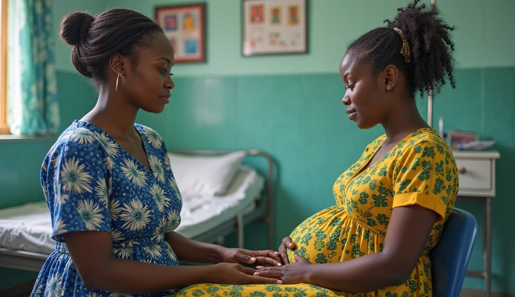 Generate image of African Igbo maternity hospital with pregnant woman named chioma in the theatre room surrounded by a nurse lady named nkechi a lady of about 35years and a midwife woman of about 50years delivering a baby
