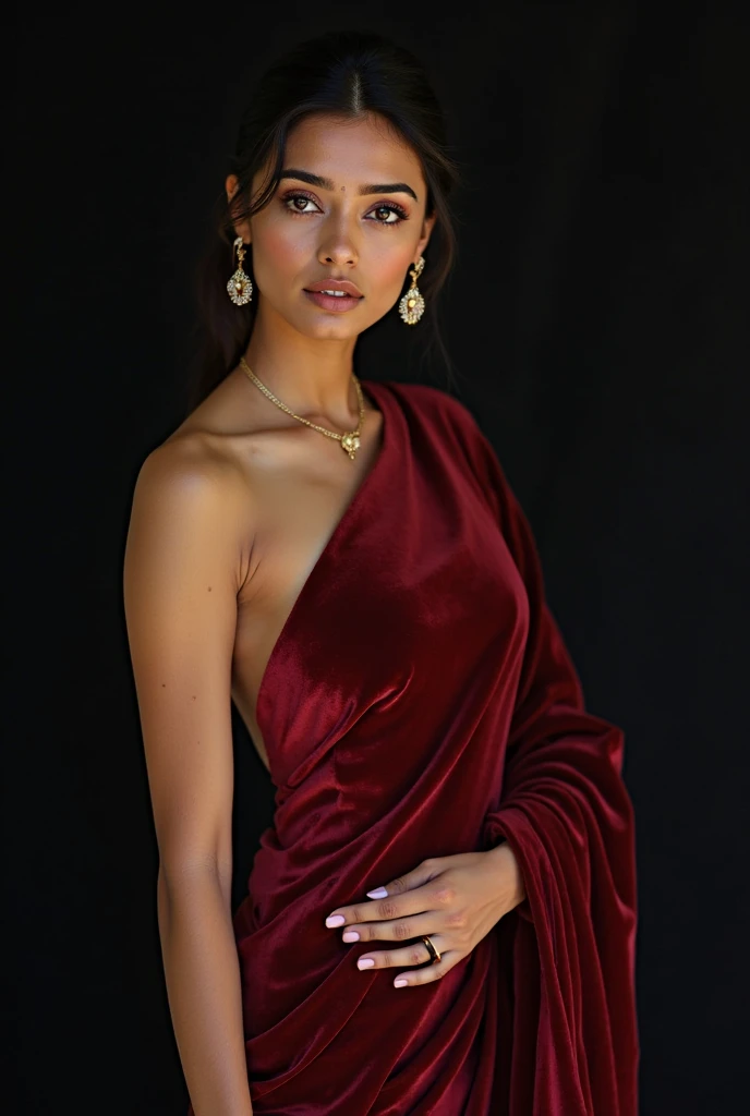 Female 33 who looks like adult actress Emily Addison, bob cut hair, gorgeous saree and purse, full length body photograph, looking straight at the camera, big cute smile, sexy figure, full body length photo inducing her feet.
