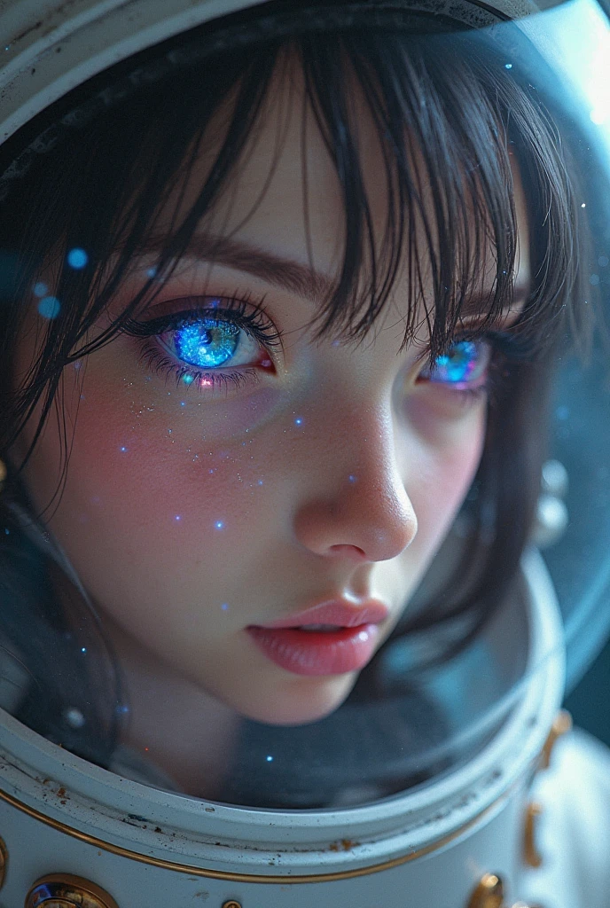 A fantastic night sky and starry sky reflected in clear eyes。The clear eyes、Please make sure only the eyes are visible。Please finish the whole thing in blue.