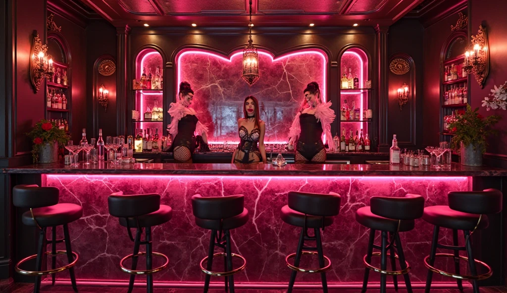 several very beautiful prostitutes sitting on chairs in a brothel room with a cake on a table, in a brothel, cyberpunk strip clubs, in Las Vegas, dive bar with karaoke machine, Sitting in a bar, Stunning and very beautiful prostitutes , Las Vegas, Sitting alone in a bar,