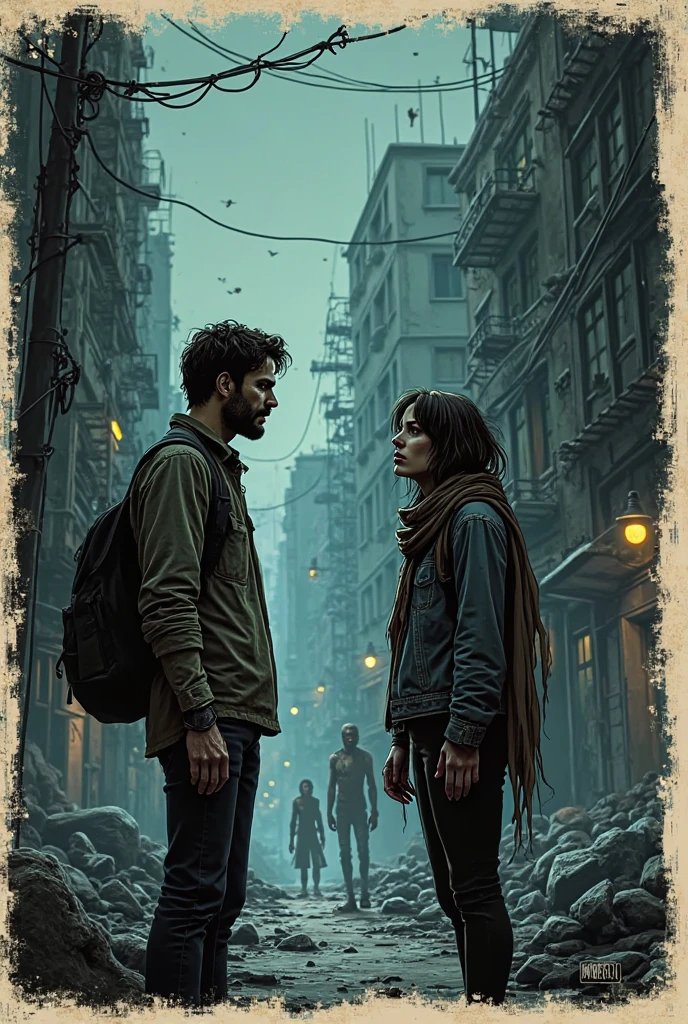 [Best Quality] [HDR] (Ultra detailed) (dark/depressive mood) (a masterpiece of) Dystopian, urban ruins, with a post-apocalyptic, dimly lit environment. A young bearded man kneeling down to embrace a wounded and crying young woman to comfort her. (Envision a) gritty, dirty setting with overgrown rubble and a dark subdued color palette that emphasizes the solemn mood of the scene.