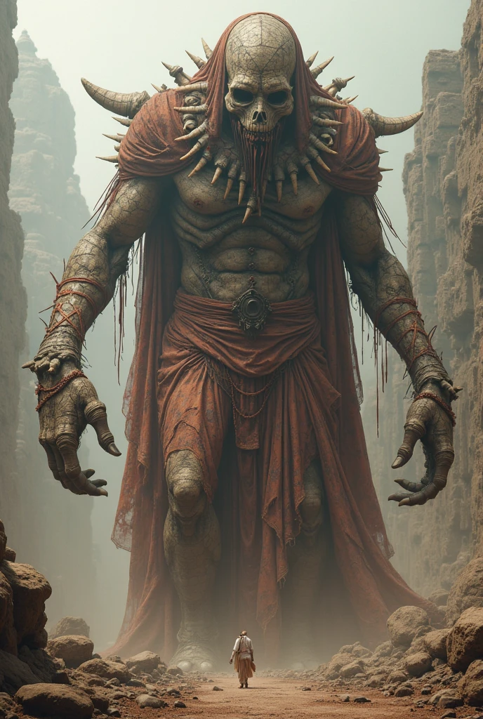 Half man half tall goat, stark, middle-age, CURVED BODY, with mud on the body, with a dark cape covering the head,