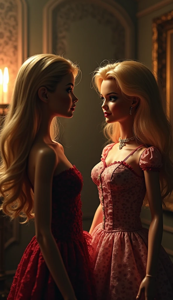 photo of 2heads, woman, close up, posing, white skin, blonde hair, red dress, in a circus