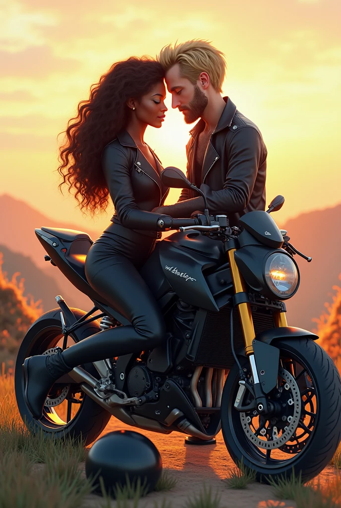 A young black man leaning on his motorcycle and flirting with a very pretty young girl