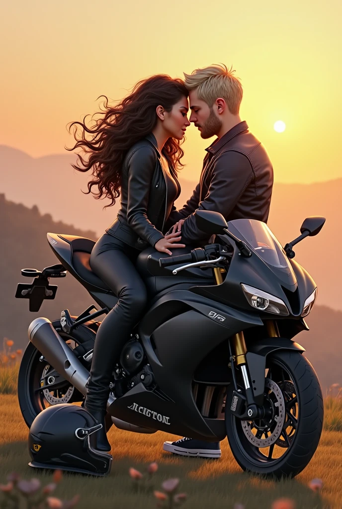 In a solo road of Bodybuilder boy with his KAWASAKI NINJA ZX10r bike with her super hot girlfriend and they are standing at the road 