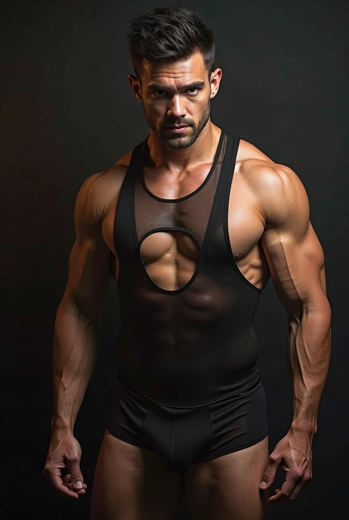 Top Quality, Photorealistic, 8K, High Definition, absurd res, high res, ultra sharp, masterpiece, (masterpiece), best quality, expressive eyes, perfect face, Super eyes, masterpiece, a muscular handsome god,black transparent clothes standing in a dark coven, mesh pants, half body, tall, pecs, facial details, detailed body part details, 8k wallpaper