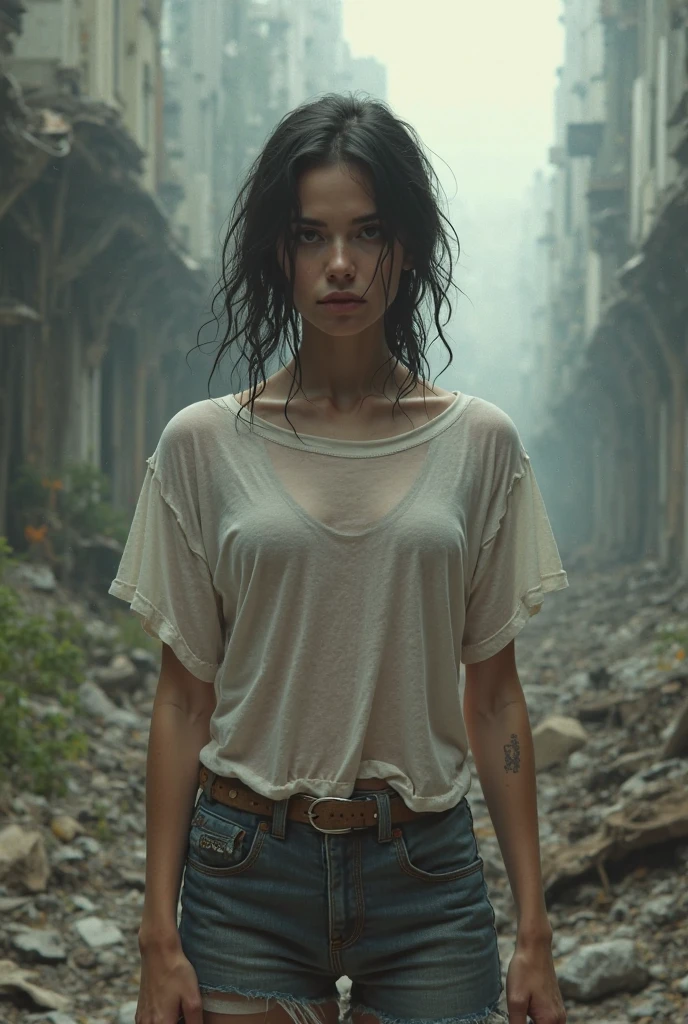 Woman, slim, black curly hair, in an unhealthy place