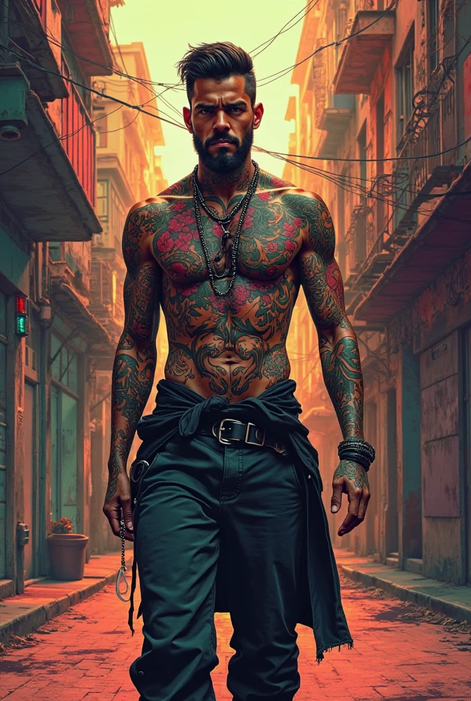 Cyberpunk cityscape、Dressed in futuristic clothing、A mafia man with red hair and futuristic sunglasses is looking at me。He has many tribal tattoos on his body.