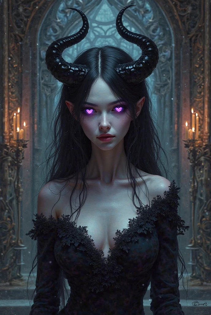 Demon woman, pale white skin, glowing purple eyes, black hair in an inverted bob, white horns, medium breasts, wearing a little black dress, black eyeliner.