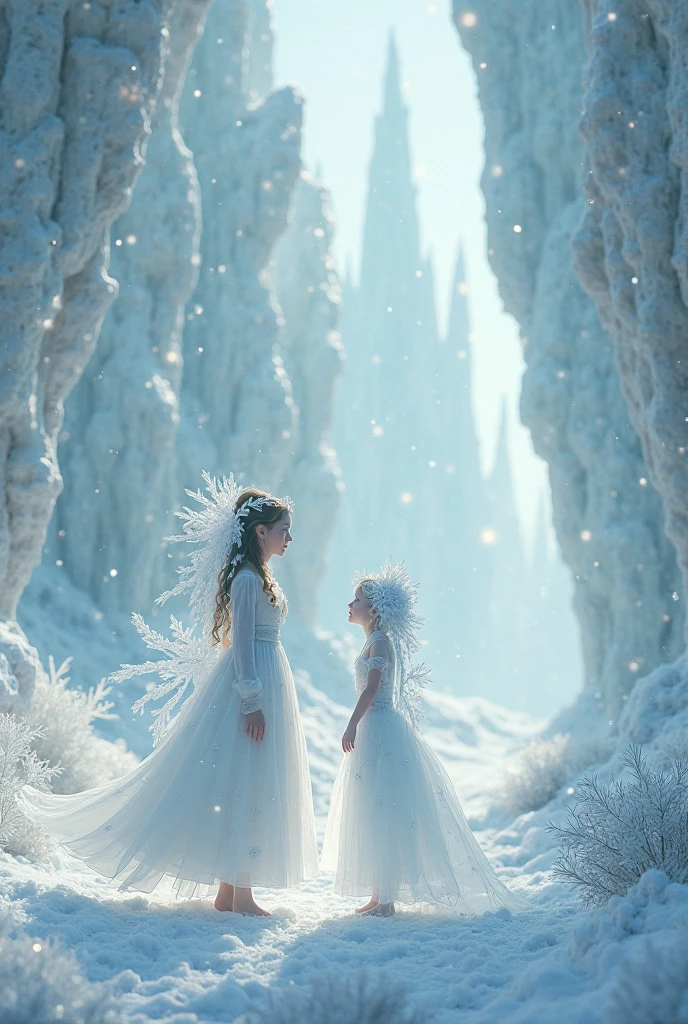 The style is fairy tale, with two pointed eared elves taking a photo in the flying snow. They are dressed in frosted and ice crystal decorations, with a silver wrapped winter world and ice crystal palace in the background. The camera is panoramic, full of a loving and warm atmosphere, (masterpiece, best quality, Professional, perfect composition, very aesthetic, absurdres, ultra-detailed, intricate details:1.3)