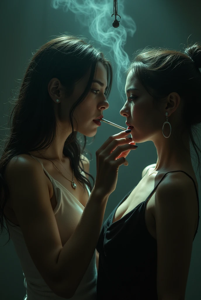 Among the dubious Russian shops、Young Russian woman smoking hookah、In a dimly lit room、The two are wearing summer clothes、small tits、With gray eyes、having eyebrows above the eyes,、with neat bright brown bangs,、Russian young woman、In a suspicious atmosphere、The surrounding space is filled with smoke、There are a lot of over-the-counter drugs scattered around the two women