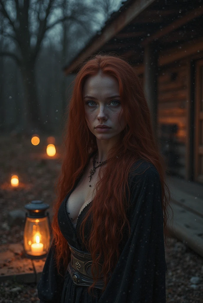 Gothic woman with long curly hair red as fire, gray eyes and cheeks dotted with freckles standing in front of a cabin hidden in the woods