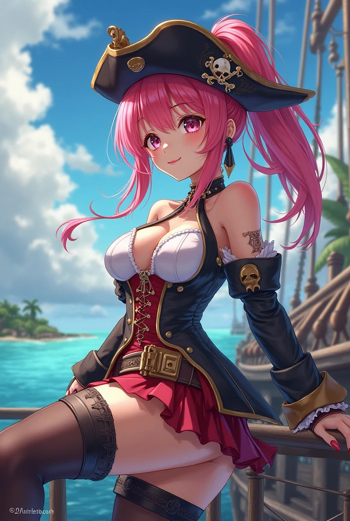 Cosplay pirata ,medium breasts, medium butt,long pink hair, Sculpted body,pirate ship , pirate surfboard