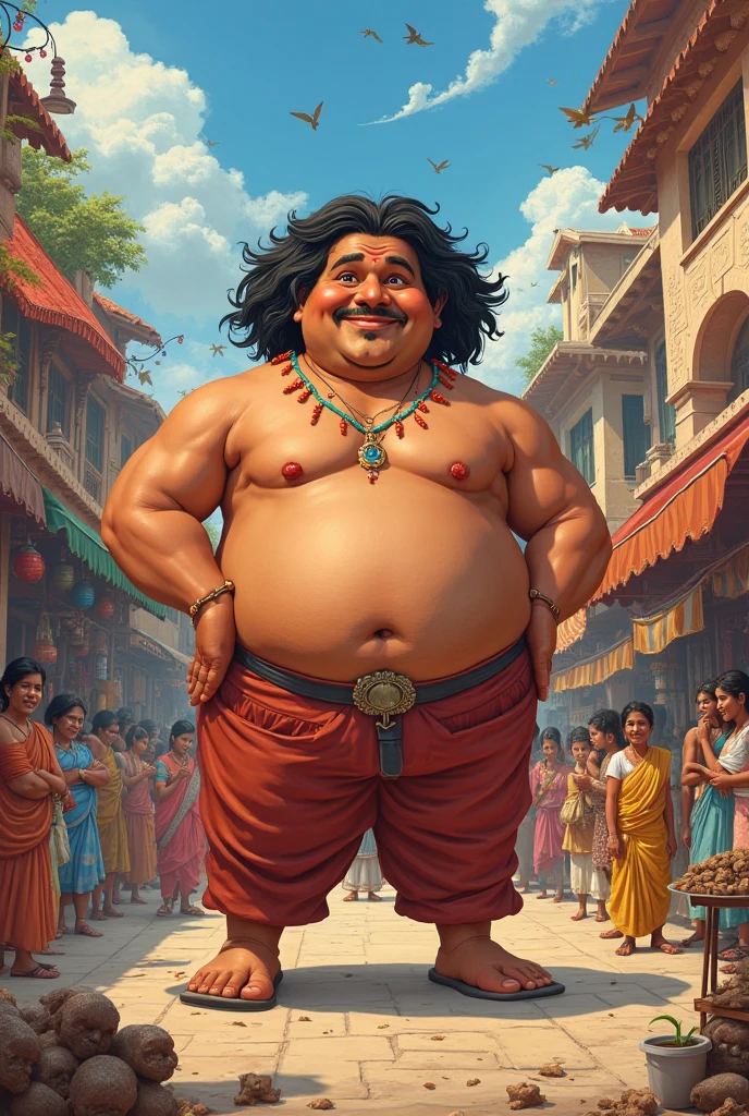 Appears to depict a 3D animated character, possibly modeled in the style of a traditional Indian royalty or deity, with exaggerated features for comical or friendly effect. The character is a smiling, wide-eyed, moustached male.He wears a gold crown adorned with red jewels and has long, wavy black hair. His attire includes a white dhoti, various gold ornaments such as necklaces, earrings, bangles, and holds a speaker in his left hand. His right hand holds a cooling glass. His expression is happy and surprised, and the overall style is energetic and cartoonish.He was fat man
