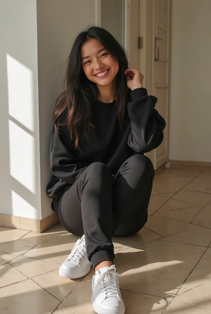 masterpiece, high quality, 1 girl, brunette, long hair, black hair, sporty, fit, good mood, smiling, happy, hair on the side, face inclined, sitting, crossed legs, black dress, sitting on stairs,black jacket on her shoulders