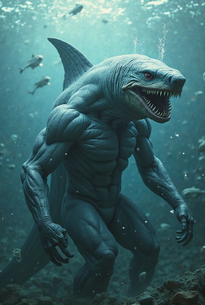 As shark tail and fins and gills and naked
