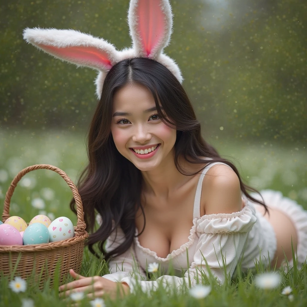 masterpiece, realistic, photo, Asian girl, looking sexy, wearing white bra and a short skirt, standing in the middle of the forest holding a sign that says EASTER BUNNY AI, 8k, ultra hd