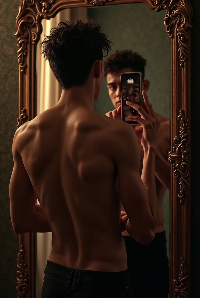 beautiful skinny teen boy, photo in front of the mirror holding his cell phone, wearing dark clothes, tanned, boy