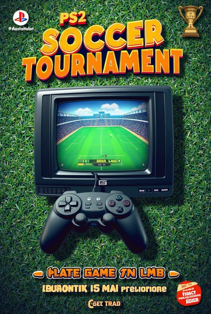 modern and vibrant square art for Instagram. Tema: Video Game Soccer Tournament on PlayStation 2. Textured background that resembles a soccer field or digital lawn. Graphic elements such as a PS2 controller and an old television with the soccer game on the screen (estilo Winning Eleven ou PES). Featured text at the top: “PS2 SOCCER TOURNAMENT!” with a sporty and flashy font. Abaixo, details in text boxes:
📅 Data: 04 de maio
🕑 Hora: 14h
📍 Local: Arena Game, Rua dos Controles, 123
🏆 Premiação para os 3 primeiros
Cores principais: verde, azul, black and white. Add trophy icons, control and goal to highlight. Young style, dynamic and gamer.