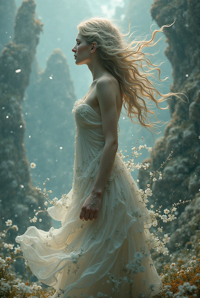 Woman with impeccable features, long red hair swirls in the wind, fervently engages with a violin atop a jagged cliff, wild sea below with towering waves, rain cascades, hyper-realistic surreal masterpiece, fusion of artistic styles echoing Jose Royo, Boris Vallejo, Carne Griffiths, Wadim Kashin, Harrison Fisher, Brian Froud, Jeremy Mann, atmospheric with