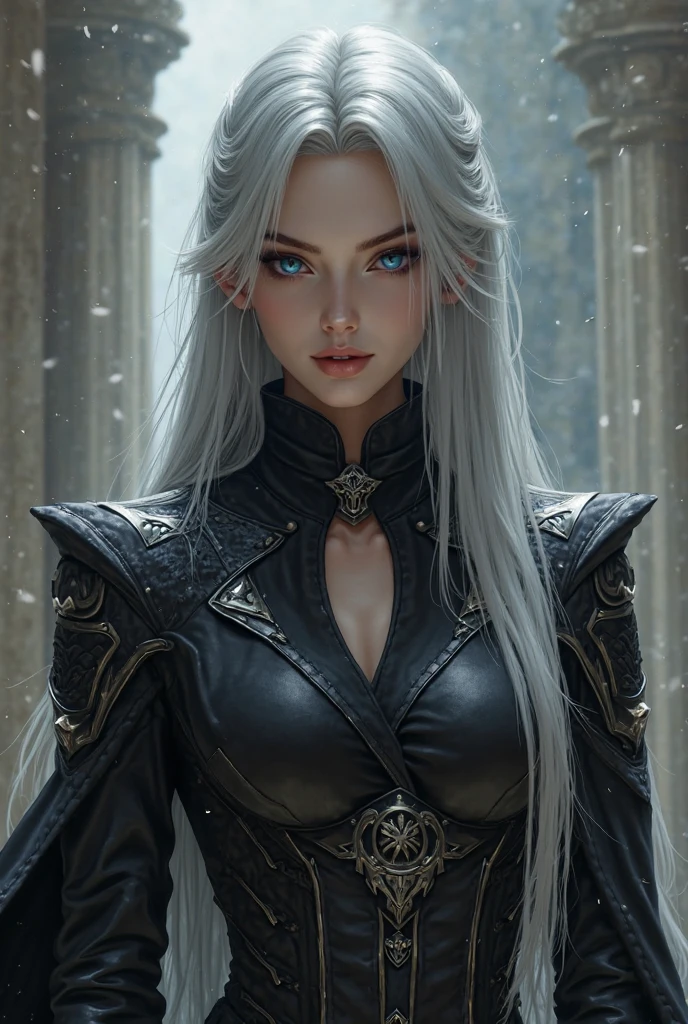 one girl, young, blue eyes, white hair, pale skin, athetic body, cropped black metal half plate, fantasy city background, longsword in hand, fur mantle