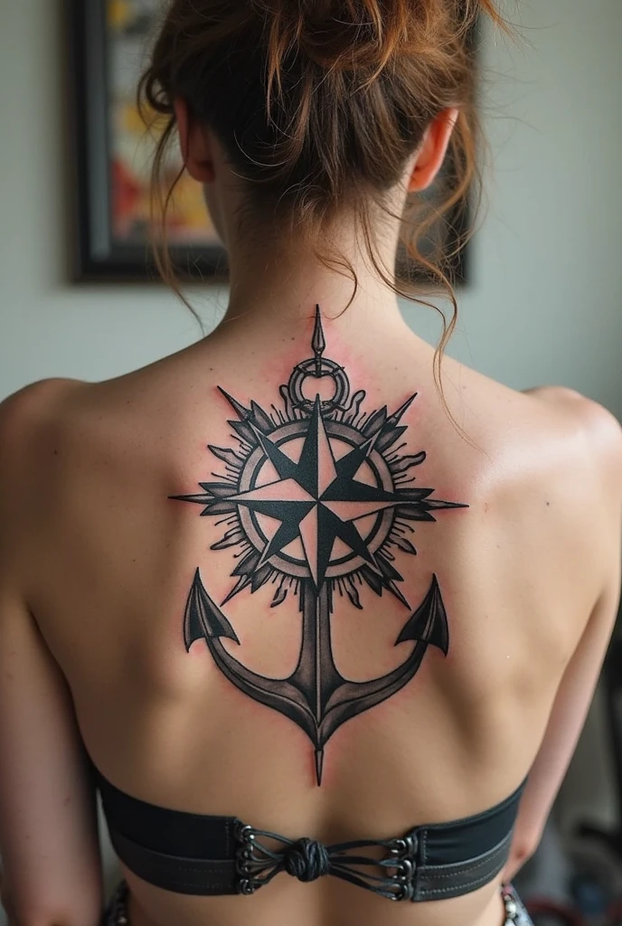 A cute stripper has a treasure map tattooed on her back and butt, she is in a red bikini, pirates are drooling at her map