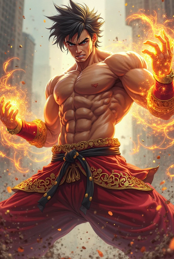 Dicas: foto de corpo inteiro, design de personagem do jogo, Bruce Lee jogos mortais, bruce lee,Walking towards the camera, open and closed hands, smoke billowing, olhos vazios, jaleco amarelo, personagem Hokuto Shinken, Kenjiro, luz lateral superior, rua do Brasil deserta (distant view, profundidade de campo borrada), elevation perspective - AR 10:16 - Expression of style.