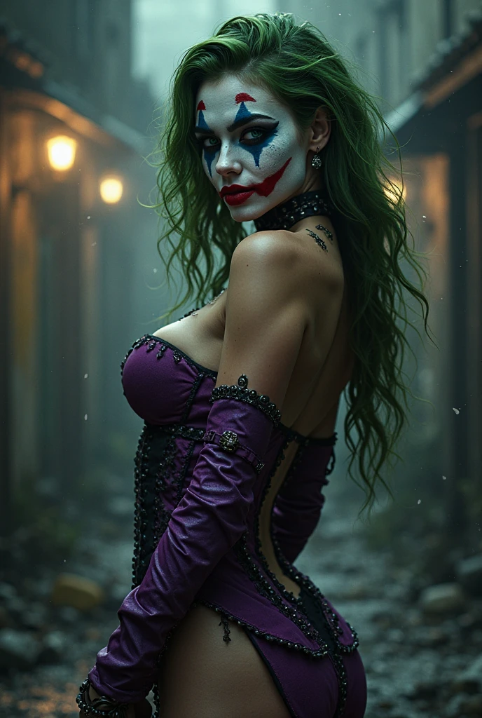{
"prompt": "A faithful female version of the iconic Joker from DC Comics, reimagined with a seductive yet psychotic allure, wearing sexy, thematic attire while posing in a popular Japanese setting. She has pale white skin and wild, vibrant green hair styled in messy, chaotic curls. Her makeup is heavy and smeared, inspired by Heath Ledger’s Joker, with dark, hollow eyes surrounded by smudged black makeup and a blood-red, twisted smile that extends unevenly beyond the corners of her mouth, creating a chilling yet irresistible grin. She wears a form-fitting, purple crop top with a plunging neckline and a light green high-waisted mini skirt that highlights her toned physique. She completes the look with matching light green high-heeled sandals. She stands confidently in front of a traditional Japanese landmark, such as a pagoda or a torii gate, with the vibrant colors of the setting sun or city lights adding to the ambiance. Her pose is both alluring and provocative, with one hand resting on her hip and the other playfully twirling her green hair. Her gaze is filled with a mix of madness and seduction, creating a striking and unforgettable contrast between her chaotic appearance and the serene beauty of the Japanese backdrop.",
"size": "1024x1792"
}
