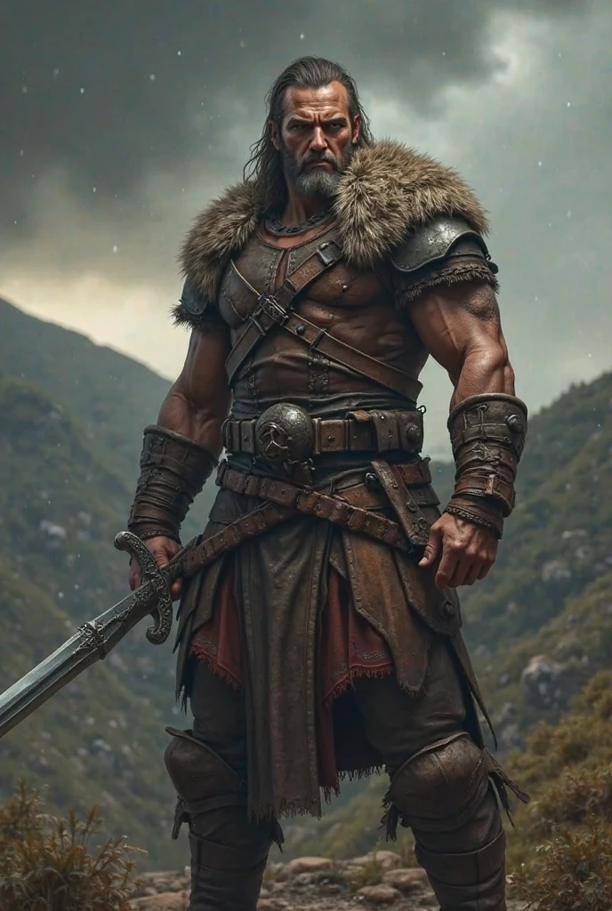 A man of 1,77 tall bald man with a barbarian beard in medieval times holding a large two-handed axe with an incredible shape and medieval clothes, make him be a barbarian with some scars, having an apparent age of 27 years
