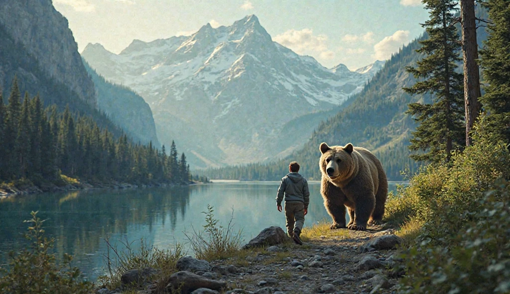 A big brown bear is sitting and bathing in a deep river in the summer wilds, a cute  young boy wearing red t shirt and jeans  seated on his head, very beautiful sparkling water surface, crystal clear water, gravel on the river bottom, beautiful alpine mountains in the distance, realistic photo
