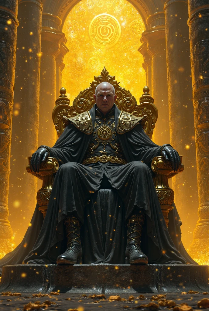 King sitting on a throne, interior of futuristic ship, Interstellar. 8k, extraterrestrial, gold on the wall