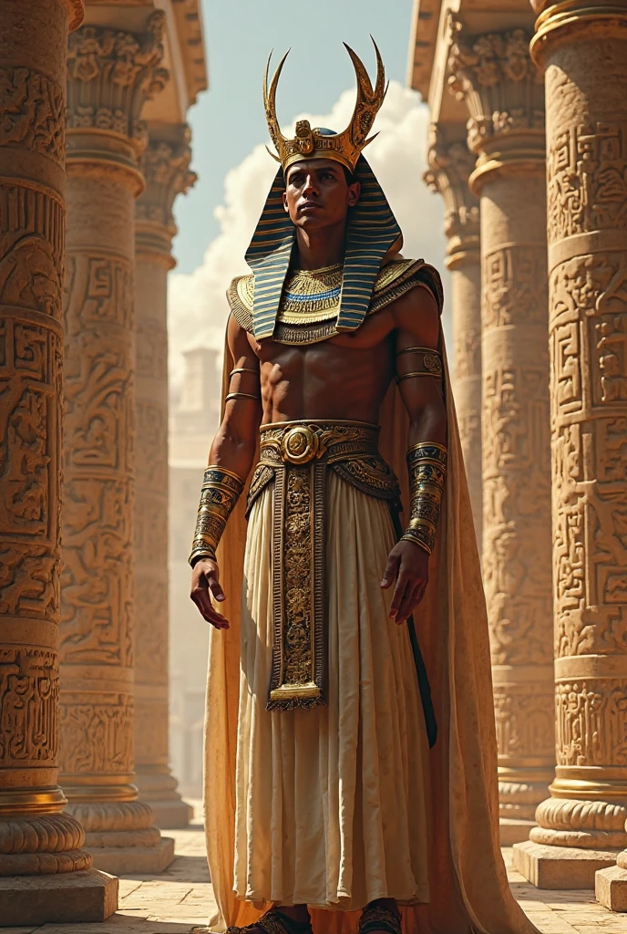 (masterpiece, best quality, photography, official art:1.2, by Greg Rutkowski), stunning Egyptian man, (donning sexy ancient Egyptian attire:1.3), regal headdress, ornate jewelry, standing within the depths of an Egyptian tomb, (flickering torchlight:1.2), illuminating the sacred space, (sensual and mysterious atmosphere:1.3), hieroglyphs adorning the walls, soft shadows emphasizing her allure, (rich, earthy tones:1.2), captivating the essence of ancient Egypt.