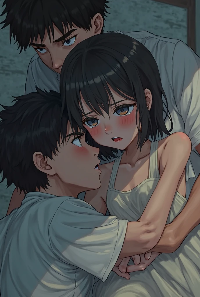 Crying girl with black bob hair、clear、Completely naked、Being hugged by a naked middle-aged man、whole body、classroom、Shyness、resistance、fear