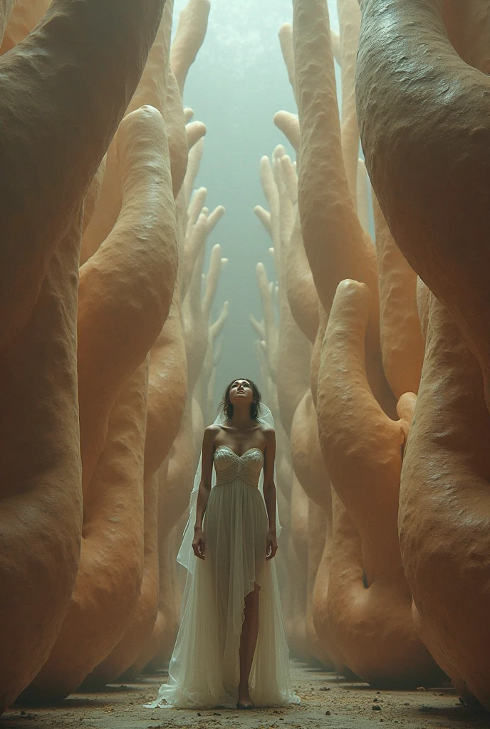 1girl,Spider weaves a net on a girl, very realistic, very detailed,bed,stretched, dark cave, struggle in the net,brown haired, very long sheer dress,hang